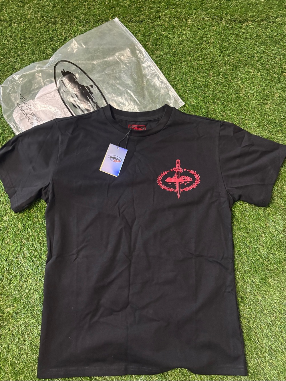 Black Short-Sleeve Tee with Red Sword Emblem